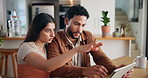 Home, couple and conversation with tablet for interior design, support and online ideas for decoration. House owner, woman and man with digital for DIY renovation, discussion or website for furniture
