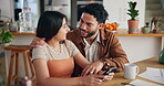 Couple, relax and talking with phone at house of finance planning, loan application and online budget. People, discussion and mobile for bank feedback, asset management and financial payment of bills