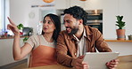 Home, couple and talking with tablet for interior design, support and online ideas for decoration. House owner, woman and man with digital for DIY renovation, conversation  and website for furniture