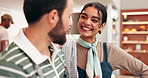 Waiter, teamwork and happy with talking in cafe for service joke, comic conversation and workflow management. Hospitality industry, people and laughing for funny restaurant feedback or small business