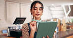Business owner, woman and thinking with tablet in cafe for inventory management, menu update or sale promo ideas. Cafeteria, female manager and digital app in diner for stock checklist and planning