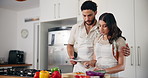 Cooking, tablet and couple hug in kitchen to search online recipes for dinner, lunch and meal prep. Food, vegetables and man with woman on digital tech for healthy eating, nutrition and wellness