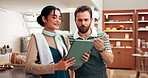 Waiter, teamwork and discussion with tablet in cafe for workflow management, barista training or inventory check. Hospitality industry, people and laughing with digital tech for funny online review