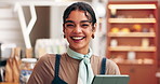 Business woman, face or waitress with tablet at cafe startup for customer service or order. Portrait, female person or bistro with smile or technology for booking or online reservation at coffee shop