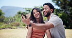 Couple, selfie and smile in nature at park, choice and post memory on web, excited or outdoor in summer. People, woman and man with photography, love or profile picture for social media in Costa Rica