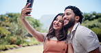 Couple, selfie and happy in nature at park, scroll and post memory on web, hug and outdoor in summer. People, woman and man with photography, love and profile picture for social media in Costa Rica