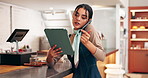 Happy woman, waitress or phone call with tablet at coffee shop for online order, customer service or booking. Female person, bistro or employee with mobile smartphone or technology for reservation