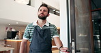 Waiter, man and open cafe door for customer search, hospitality industry or waiting for client. Diner manager, person and service ready at entrance for new day, startup entrepreneur and store welcome