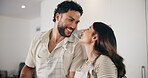 Home, couple and laugh with talking for cooking, support or bonding together with meal prep. Kitchen, man and woman with conversation for dinner, love or commitment with happiness in healthy marriage