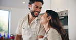 Home, couple and laugh with conversation for cooking, support or bonding together with meal prep. Kitchen, man and woman with talking for dinner, love or commitment with happiness in healthy marriage