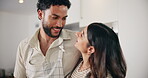 Home, couple and hug with conversation for cooking, support and bonding together with meal prep. Kitchen, man and woman with talking for dinner, love and commitment with happiness in healthy marriage