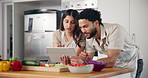 Cooking, tablet and couple for online recipe for dinner, lunch and meal prep ideas in kitchen. Home, food and man with woman on digital tech for healthy eating, nutrition and wellness with vegetables
