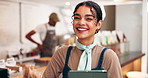 Happy woman, face and waitress with tablet at coffee shop for customer service, assistance or welcome at store. Portrait, female person or bistro with smile or technology for small business at cafe