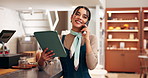 Happy woman, waitress or phone call with tablet for online order, customer service or booking at cafe. Female person, bistro or employee with mobile smartphone for reservation or menu at coffee shop