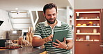Business owner, man and happy with tablet in cafe for reading website review and inventory management. Hospitality industry, person and digital app in coffee shop for stock checklist or online order