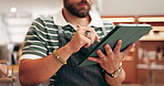 Waiter, man and writing on tablet in cafe for inventory management, supplier form and stock approval signature. Hospitality industry, hands and stylus on digital app for online order or menu planning