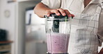 Hands, man and blender for smoothie process, prepare milkshake and nutrition for healthy diet. Person, machine and fruit with organic ingredients of protein juice, weight loss and gut health at house