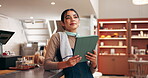 Business owner, woman or thinking with tablet in cafe for sale promo ideas, startup pride or restaurant vision. Hospitality, manager and digital app for menu planning, reflection and diner management