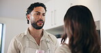 Drinking, smoothie and health with couple in kitchen for breakfast, nutrition and cheers. Morning detox, fruit beverage and wellness with man and woman at home for vegan, organic and protein shake