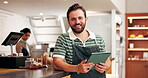 Business owner, man and face with tablet in cafe for inventory management, menu planning or website review. Hospitality, happy person or digital app in coffee shop for stock checklist or online order