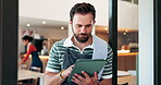 Small business, man and tablet by cafe door for welcome, customer service or online management. Entrepreneur, manager and happy with digital app for seating plan, hospitality or entrance to new store