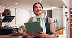 Business owner, woman or thinking with tablet in restaurant for menu update, sale promo ideas or startup pride. Hospitality vision, manager and digital app for stock checklist and diner management