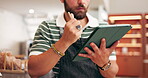 Business, hands and counting on tablet in cafe for inventory management, sales tracking or stock checklist. Hospitality waiter, man and digital app in coffee shop for online system, planning or order