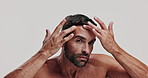 Beauty, face or inspection and shirtless man with white background for daily dermatology routine. Facial, hygiene and skincare with person checking pores in studio for grooming or natural cosmetics