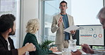 Man, presentation and monitor with charts, documents or feedback for accounting at finance company. Person, leader or speaker for group, graphs and stats for profit, revenue or paperwork in boardroom