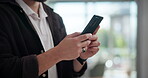 Creative, hands and person with smartphone, browsing and market research for business, online or typing. Office, brand manager and competition analysis on social media, staff and planning with mobile