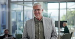 Mature ceo, face and businessman with glasses in office with chief investment officer at hedge fund. Portrait, financial manager and happy executive, company director and professional with experience
