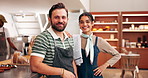Waiter, face and smile with teamwork in cafe for customer service, friendly hospitality and small business. Barista, people and laughing in coffee shop for funny joke, bakery support and entrepreneur