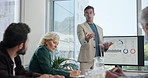 Man, presentation and screen with graphs, discussion or documents for accounting at finance company. Person, leader or speaker for group, charts and stats for profit, revenue or feedback in boardroom