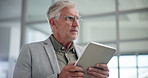 Thinking, mature or businessman on tablet in office for research, corporate schedule or accounting proposal. Financial decision, digital app and news update for finance report and review investment