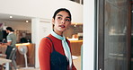 Woman, happy and open cafe door for friendly hospitality, customer search and small business pride. Restaurant manager, person and smile at entrance for welcome, service ready or startup entrepreneur