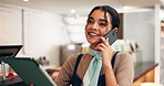Happy woman, waitress or phone call with tablet for reservation, customer service or booking at cafe. Female person, bistro or employee with mobile smartphone for online menu or order at coffee shop