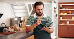 Man, waiter or counting on tablet in cafe for inventory management, sales tracking or stock checklist. Hospitality industry, manager or digital app in coffee shop for online system, planning or order