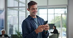 Creative, happy and man with smartphone, browsing and market research for business, online and typing. Office, brand manager and competition analysis on social media, planning and person with mobile