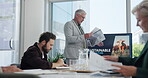 Man, speaker and sustainability with business people in meeting for agriculture, social responsibility and report  Planning, workshop and farming impact with employees in office for presentation