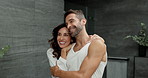 Happy, home and couple hug in bathroom for cleaning, washing and grooming for health in morning routine. Marriage, relationship and woman embrace man bonding for hygiene, skincare and wellness