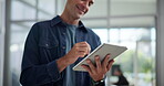 Creative, smile and man with tablet, office and market research for business, online and typing. Browsing, brand manager and competition analysis on social media, hands and person with tech for plan