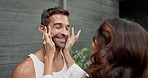 Smile, cream and couple with routine, skincare and dermatology with grooming. Relationship, house and happy man with woman, lotion and creme with cosmetics, treatment and smooth skin with morning
