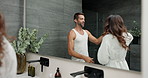 Dancing morning and couple in bathroom, love and bonding together with happiness. People, home and man with woman, grooming and hygiene with karaoke, wellness and relationship with fun and expression