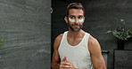 Eye mask, skincare and man in bathroom, home and treatment for dark circles, shine and hygiene. Person, apartment and guy with cosmetics product, beauty and glow with grooming, wellness and aesthetic