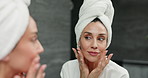 Mirror, morning and woman in bathroom, skincare and cosmetics with dermatology. Person, house and reflection with routine, treatment and grooming with beauty, aesthetic and glowing with wellness
