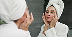 Mirror, hygiene and woman in bathroom, skincare and cosmetics with dermatology. Person, house and reflection with routine, treatment and grooming with beauty, cleaning and glowing with morning