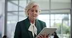Loss, mature or businesswoman on tablet in office for research, corporate stress or accounting risk. Financial mistake, frustrated CEO or app for news update, finance report and investment review