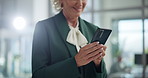 Happy woman, hands or typing with phone for business communication, chatting or texting at office. Closeup, female person or smile with mobile smartphone for social media app or online browsing