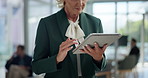 Hands, research or businesswoman on tablet in office for policy, corporate schedule or accounting proposal. Financial information, digital app or news update for finance report and review investment