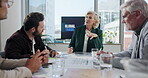Office, business people and woman with talking for meeting, briefing and expansion for global trade. Boardroom, employees and mature logistics manager with feedback for sales project, report and team